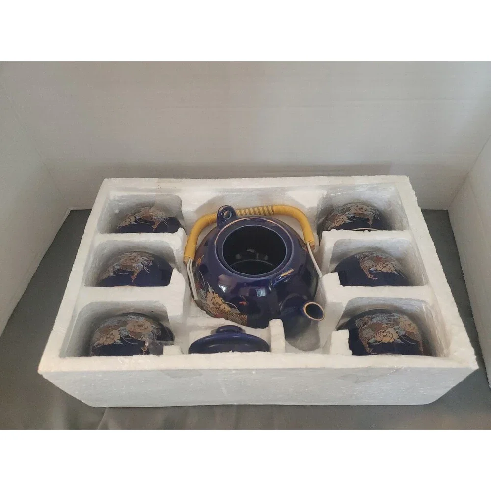 Japanese tea set, porcelain cobalt blue vintage teapot, 6 cups, peacock design